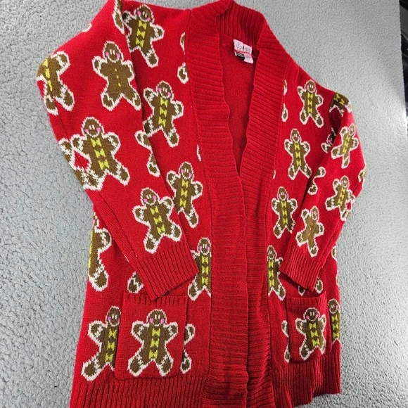 Love On a Hanger Christmas Cardigan Womens Medium Red Gingerbread Man Holiday - Picture 2 of 13